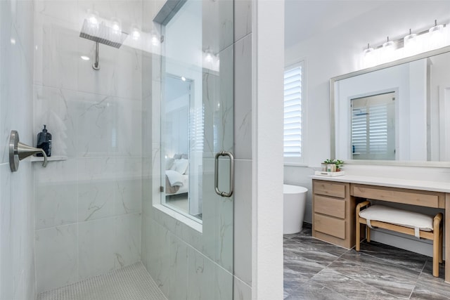 bathroom with plus walk in shower and vanity