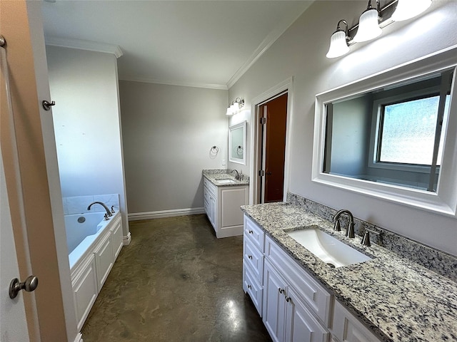 bathroom featuring crown molding, vanity, a bath, and concrete floors