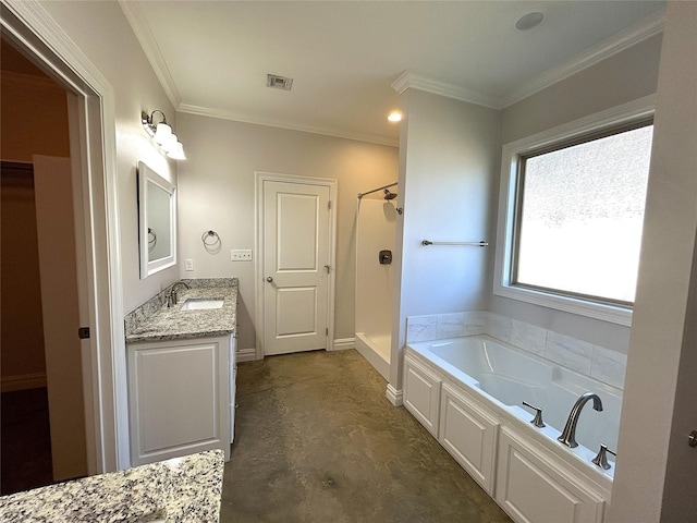 bathroom with vanity, ornamental molding, concrete floors, and plus walk in shower