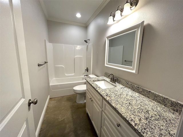 full bathroom featuring vanity, ornamental molding, bathing tub / shower combination, and toilet