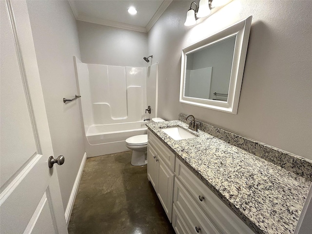 full bathroom featuring crown molding,  shower combination, toilet, and vanity