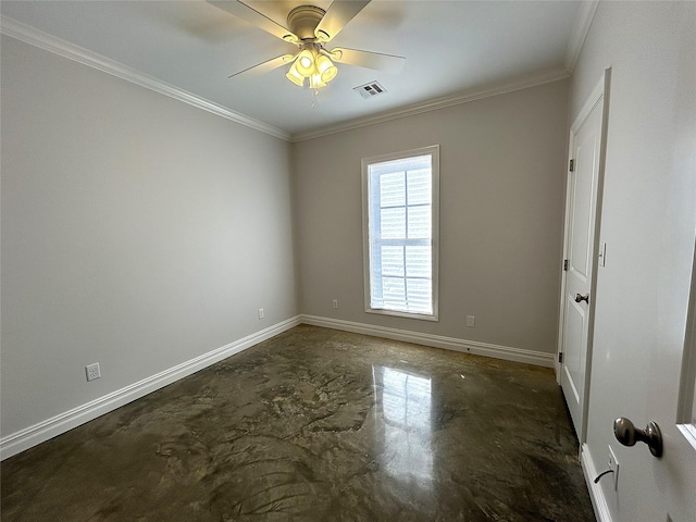 unfurnished room featuring ceiling fan and ornamental molding