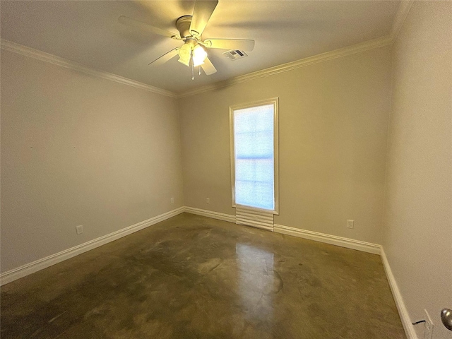 unfurnished room featuring ornamental molding and ceiling fan