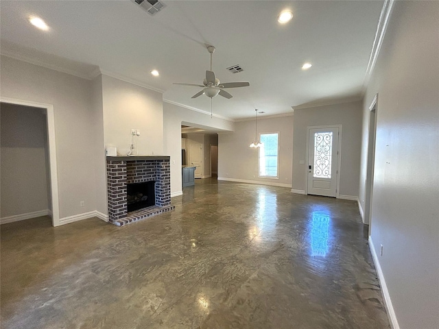 unfurnished living room featuring ceiling fan, ornamental molding, and a fireplace