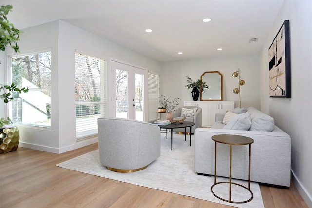 living room featuring light hardwood / wood-style flooring, plenty of natural light, and french doors