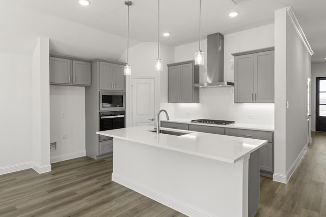 216 Hope Orchards, Lavon, TX 75166 - kitchen with wall chimney range hood, gray cabinetry, wall oven, a sink, and stainless steel microwave
