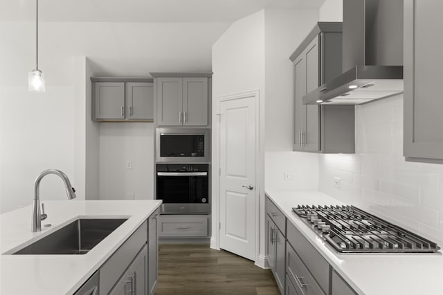 216 Hope Orchards, Lavon, TX 75166 - kitchen featuring appliances with stainless steel finishes, wall chimney range hood, gray cabinets, and a sink
