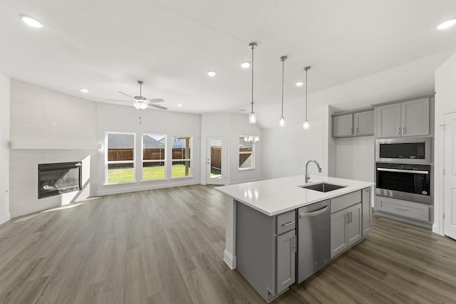 216 Hope Orchards, Lavon, TX 75166 - kitchen with appliances with stainless steel finishes, gray cabinets, a sink, recessed lighting, and open floor plan