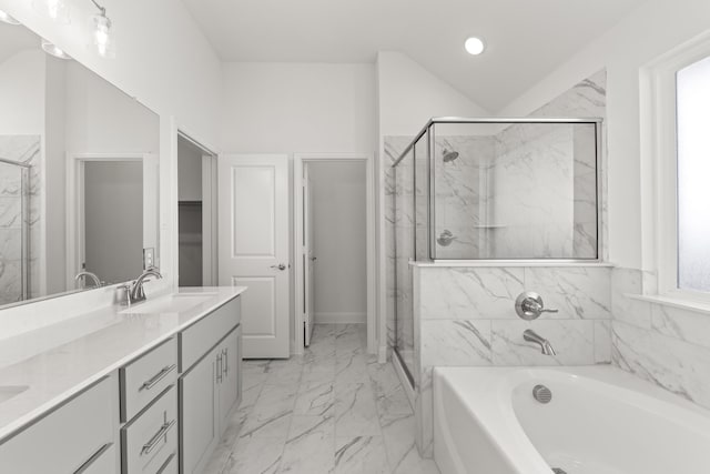 216 Hope Orchards, Lavon, TX 75166 - bathroom featuring a bath, marble look tiles, double vanity, a marble finish shower, and recessed lighting