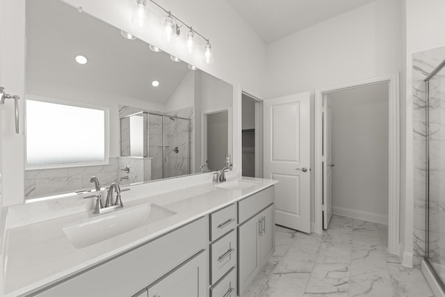 216 Hope Orchards, Lavon, TX 75166 - bathroom with marble look tile flooring, a marble finish shower, double vanity, and recessed lighting