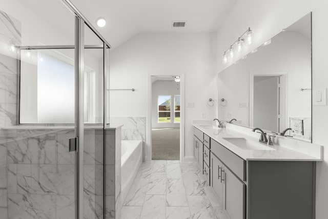 216 Hope Orchards, Lavon, TX 75166 - bathroom featuring marble look tile flooring, a garden tub, double vanity, a ceiling fan, and a marble finish shower