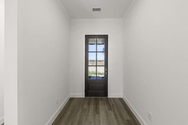 216 Hope Orchards, Lavon, TX 75166 - doorway with dark wood-style flooring, crown molding, and baseboards