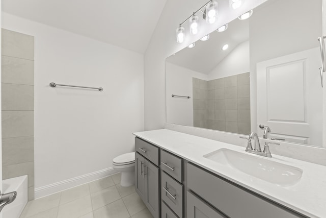 216 Hope Orchards, Lavon, TX 75166 - full bath featuring lofted ceiling, toilet, vanity, tile patterned flooring, and baseboards