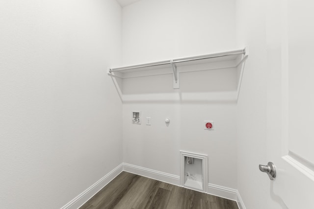 216 Hope Orchards, Lavon, TX 75166 - laundry area with gas dryer hookup, hookup for an electric dryer, washer hookup, dark wood-type flooring, and baseboards