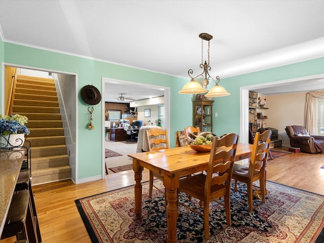 dining space with crown molding and light hardwood / wood-style floors