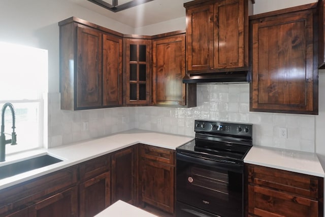 kitchen featuring dark brown cabinetry, black range with electric stovetop, sink, and tasteful backsplash