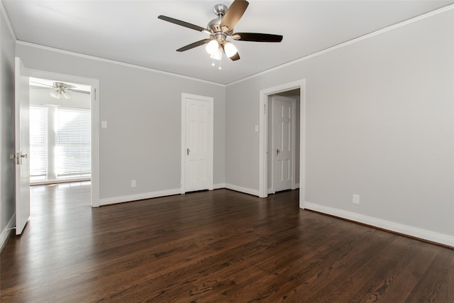 unfurnished room with ceiling fan, dark wood-type flooring, and ornamental molding