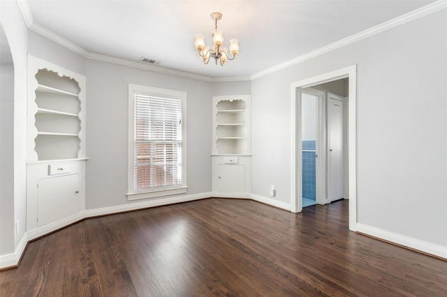 unfurnished dining area featuring dark hardwood / wood-style flooring, ornamental molding, and a chandelier