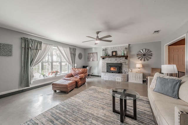 living room featuring concrete floors and ceiling fan