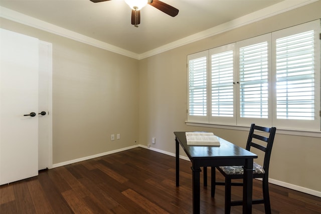 interior space with ceiling fan, crown molding, and dark hardwood / wood-style flooring