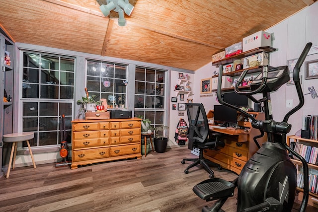 office with wood ceiling, french doors, and wood-type flooring