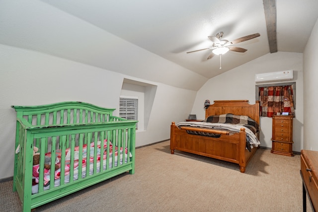 carpeted bedroom featuring lofted ceiling, ceiling fan, and a wall mounted air conditioner