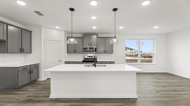 kitchen with sink, an island with sink, gray cabinets, appliances with stainless steel finishes, and light wood-type flooring