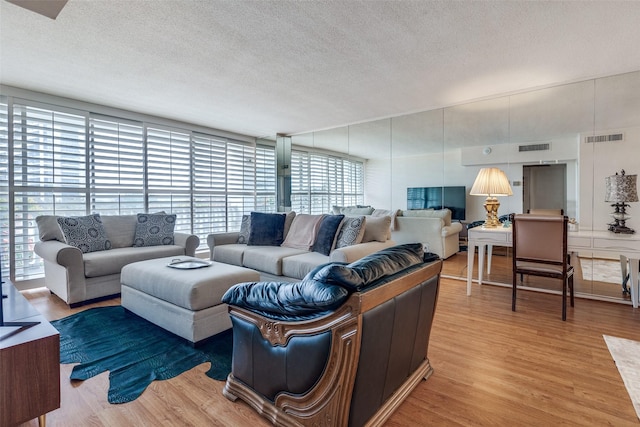 living room with hardwood / wood-style floors and a textured ceiling