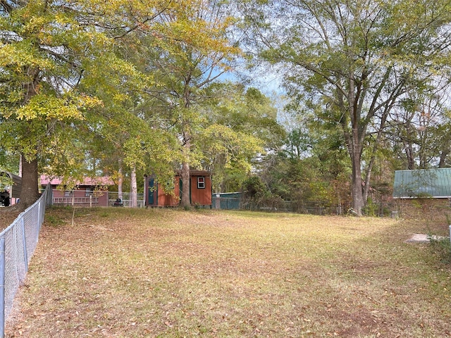 view of yard featuring a storage unit