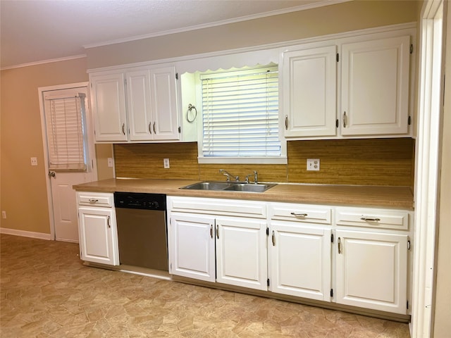 kitchen with sink, crown molding, white cabinetry, backsplash, and stainless steel dishwasher