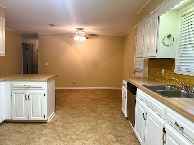 kitchen with white cabinetry, sink, crown molding, and stainless steel dishwasher