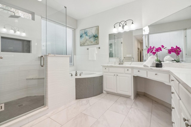 full bath with a garden tub, a shower stall, vanity, and tile patterned floors