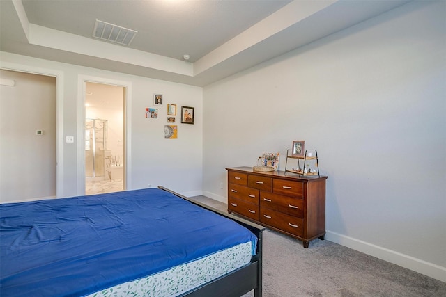 bedroom featuring a raised ceiling and light carpet