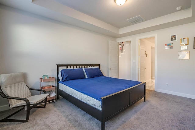 bedroom featuring a tray ceiling and carpet floors