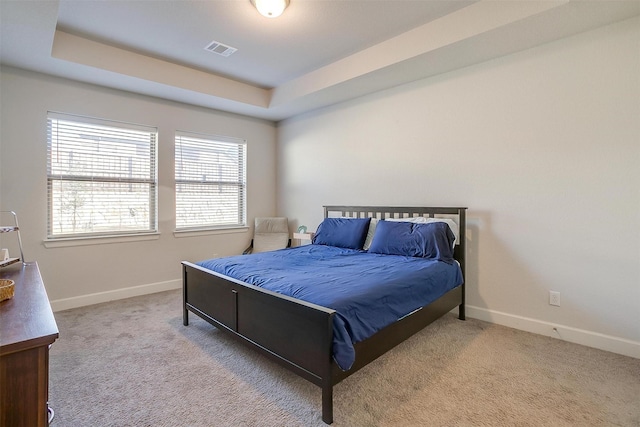 carpeted bedroom featuring a raised ceiling