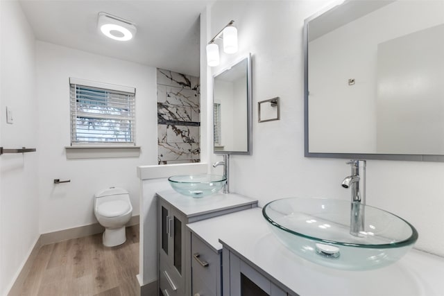 bathroom with a shower, hardwood / wood-style floors, vanity, and toilet