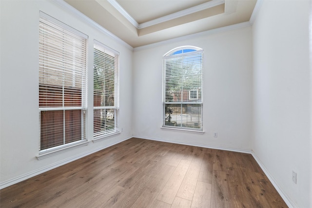 unfurnished room featuring crown molding, hardwood / wood-style floors, and a tray ceiling