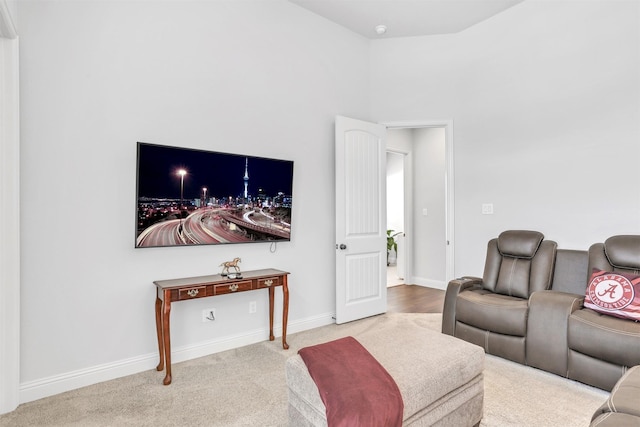 living room with light carpet and a high ceiling