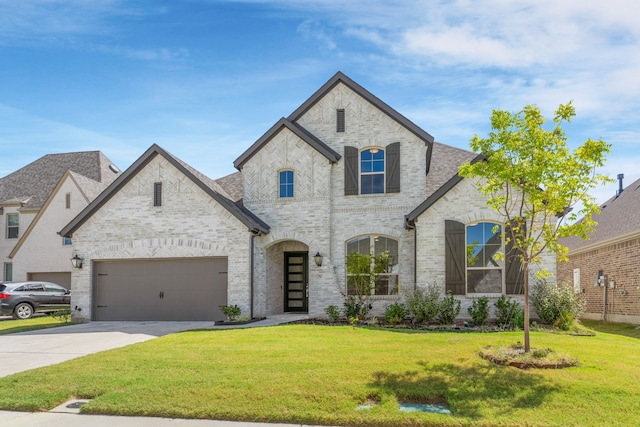 french provincial home featuring a front lawn and a garage