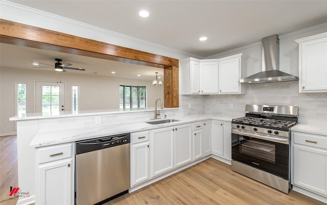 kitchen featuring wall chimney exhaust hood, sink, decorative backsplash, and stainless steel appliances