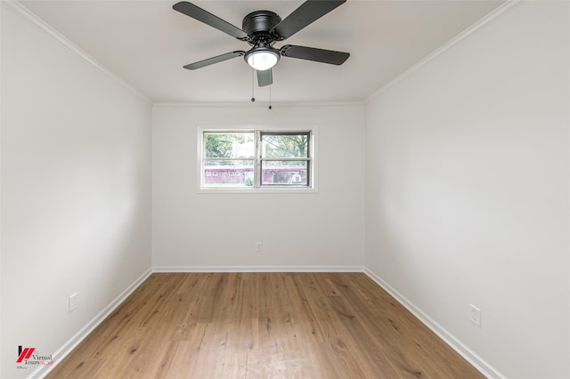 spare room with ceiling fan, light hardwood / wood-style floors, and ornamental molding