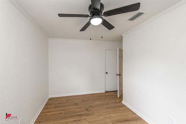 unfurnished room featuring crown molding, ceiling fan, and light hardwood / wood-style floors