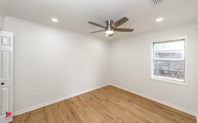 unfurnished room with ceiling fan, ornamental molding, and light hardwood / wood-style flooring