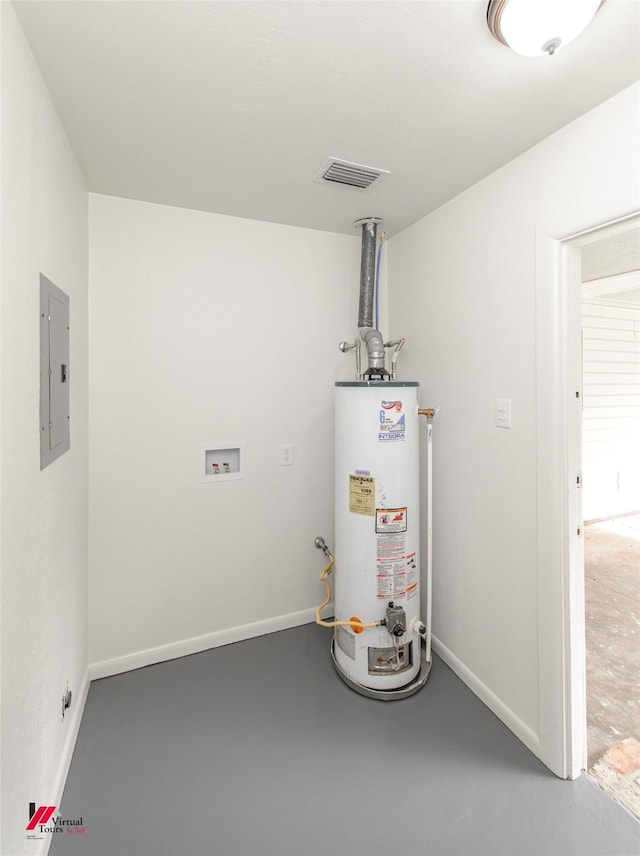 utility room featuring electric panel and water heater