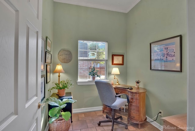 home office with crown molding