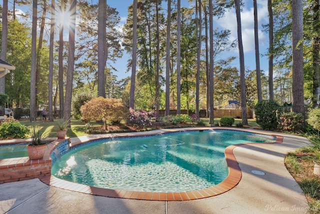 view of pool with a patio area and pool water feature