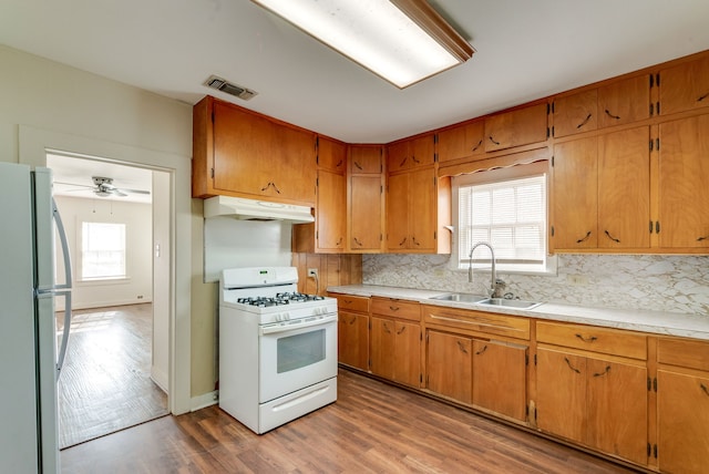 kitchen featuring white appliances, tasteful backsplash, light hardwood / wood-style flooring, and a healthy amount of sunlight