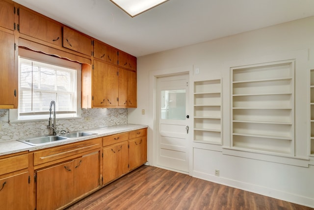 kitchen featuring dark hardwood / wood-style floors, built in features, decorative backsplash, and sink