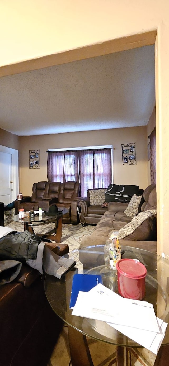 living room with a textured ceiling