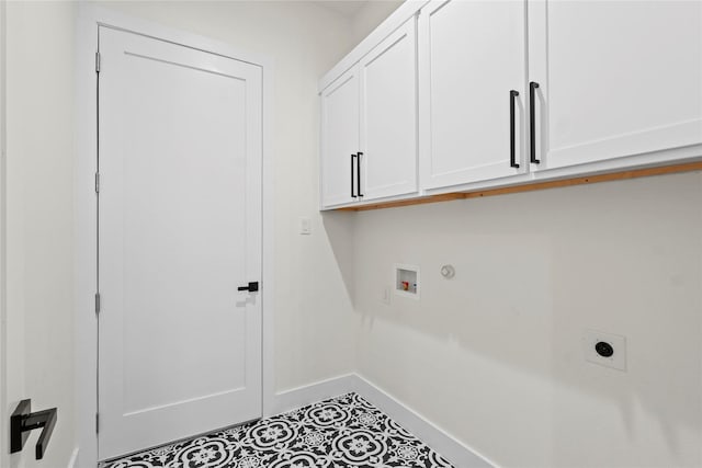 laundry area with cabinets, hookup for a washing machine, tile patterned floors, gas dryer hookup, and electric dryer hookup